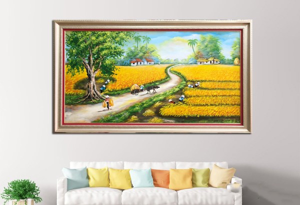 tranh sơn dầu vẽ phong cảnh làng quê mùa lúa chín