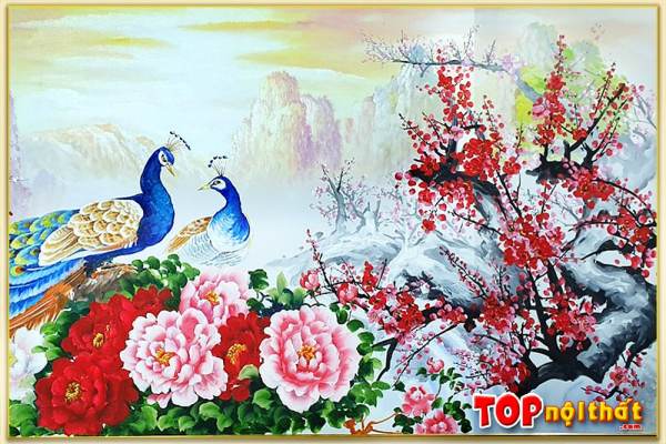 Tranh sơn dầu vẽ chim công với hoa đào và mẫu đơn TraSdTop-0620