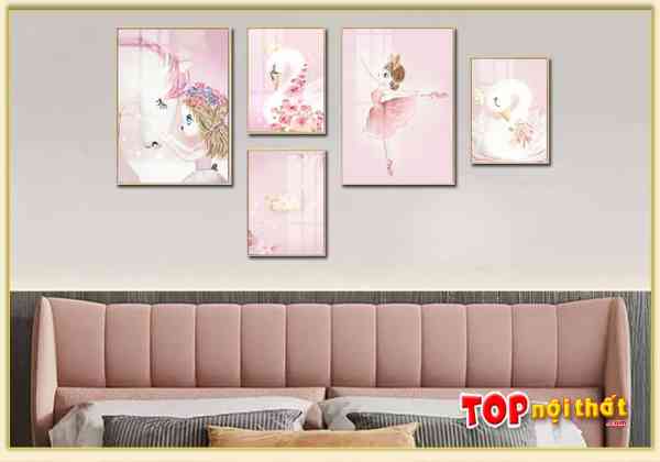 Khung tranh Canvas 5 tấm treo tường màu hồng phấn TraTop-3551