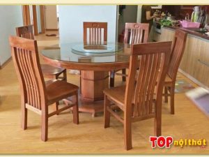Hình ảnh Bộ bàn ăn đẹp hình tròn mâm xoay gỗ sồi 6 ghế BGATop-0016